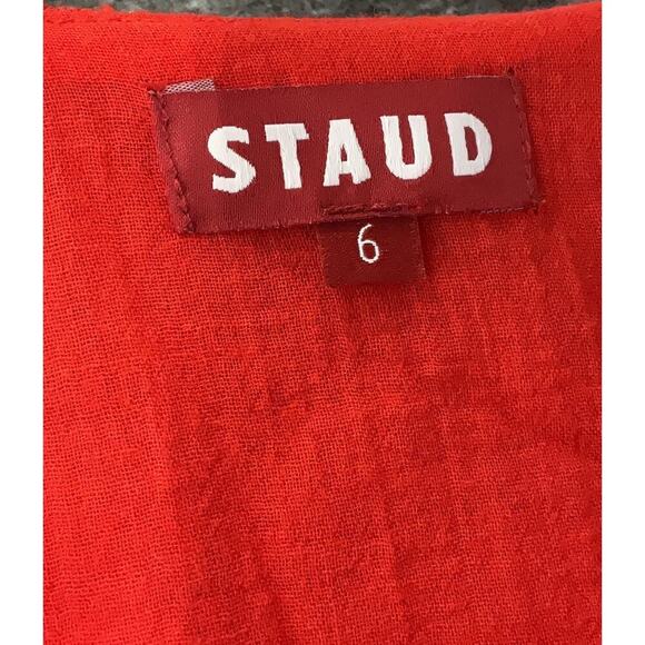 Staud Birdie Midi D Dress Red Linen Puff Sleeve Full Skirt bodice Button Front 6 - Picture 6 of 8